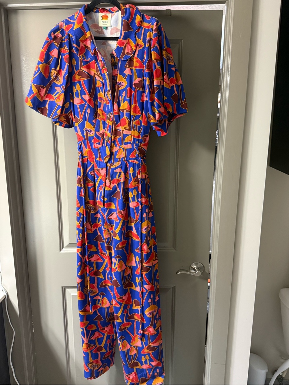 FARM Rio Blue Jumpsuit with Red and Orange Floral Print